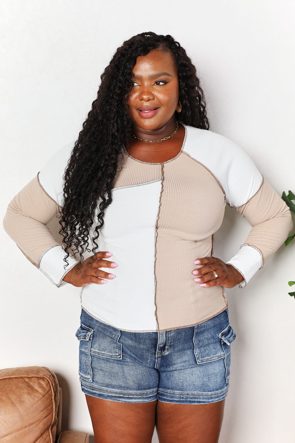 Double Take Khaki Color Block Exposed Seam Top *