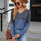 Full Size V-Neck Long Sleeve Two-Tone T-Shirt