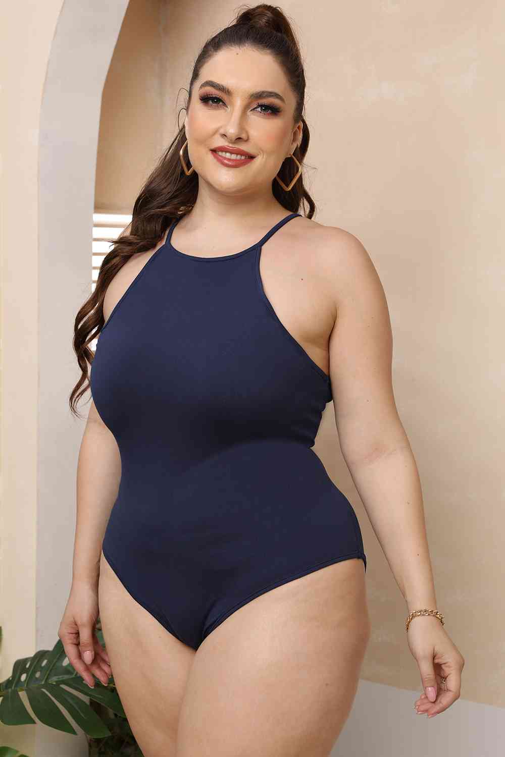 Plus Size Halter Neck Spaghetti Strap Bodysuit