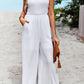 Women's Frill Trim Tie Shoulder Wide Leg Jumpsuit with Pockets