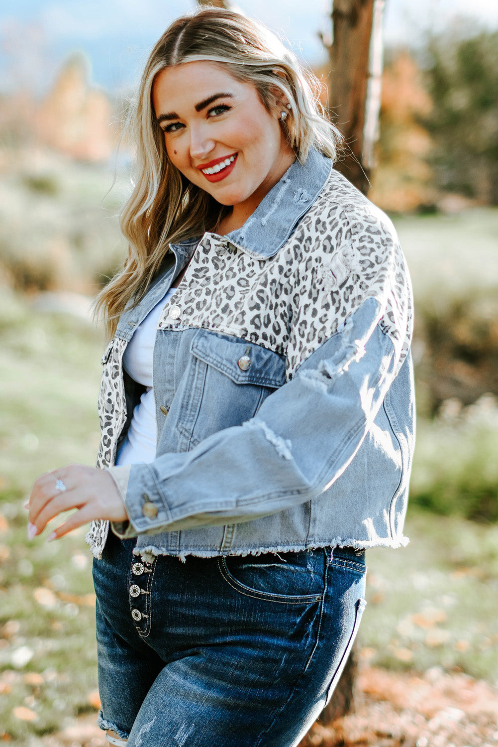 Women's Plus Size Leopard Raw Hem Distressed Spliced Denim Jacket