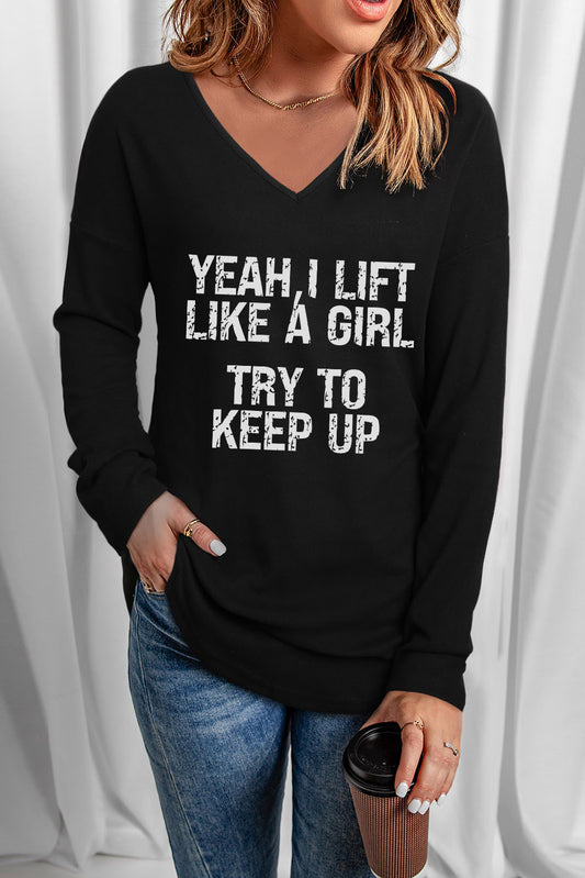 Women's Full Size LIFT LIKE A GIRL Letter Graphic V-Neck Long Sleeve Tee