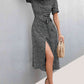 Black Printed Tie Waist Short Sleeve Shirt Dress