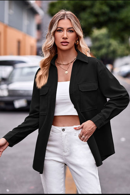 Full Size Dropped Shoulder Longline Shirt with Pockets