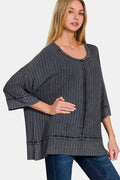 Zenana Washed Ribbed Drop Shoulder Half Sleeve Top *