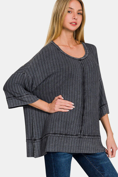 Zenana Washed Ribbed Drop Shoulder Half Sleeve Top *