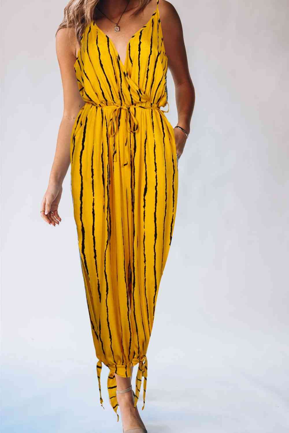 KenyaBay Striped Contrast Tie Ankle Spaghetti Strap Jumpsuit