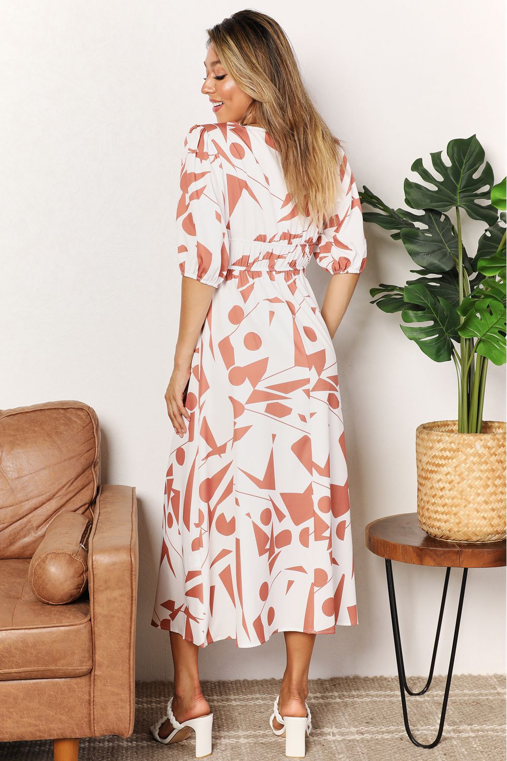 Double Take Camel Printed Surplice Balloon Sleeve Dress *