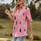Full Size Printed Roll-Tab Sleeve Notched Neck Blouse