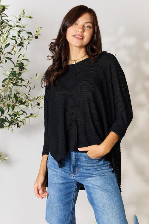 Zenana Full Size Round Neck High-Low Slit Knit Top *