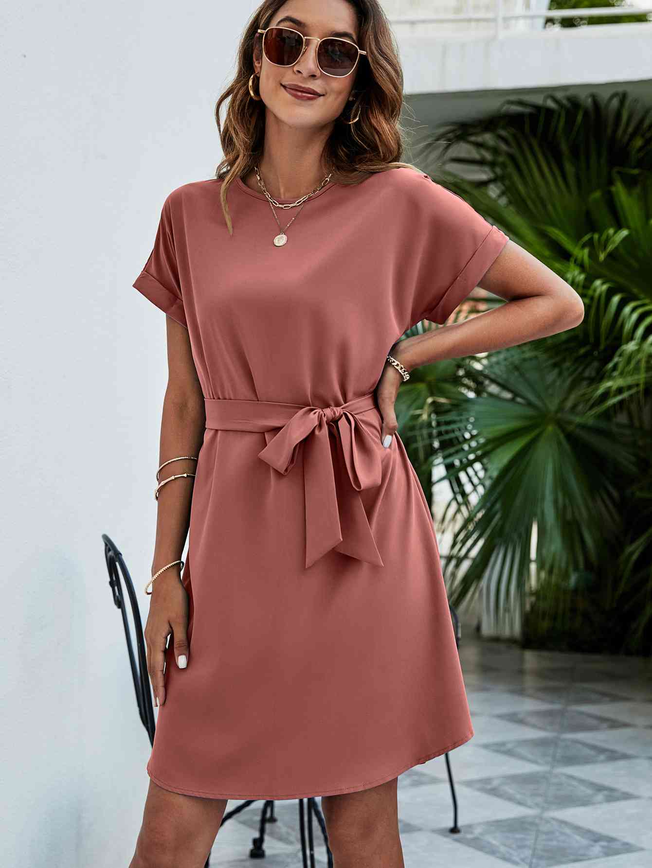 Belted Round Neck Curved Hem Dress