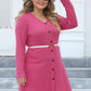 Plus Size Ribbed Buttoned V-Neck Long Sleeve Dress