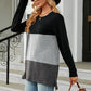 Full Size Color Block Round Neck Long Sleeve Slit T-Shirt