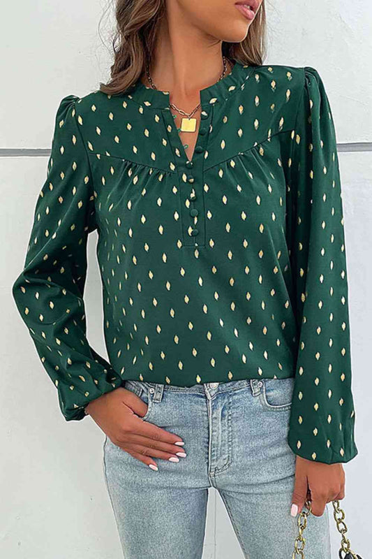 Printed Buttoned Green Puff Sleeve Blouse