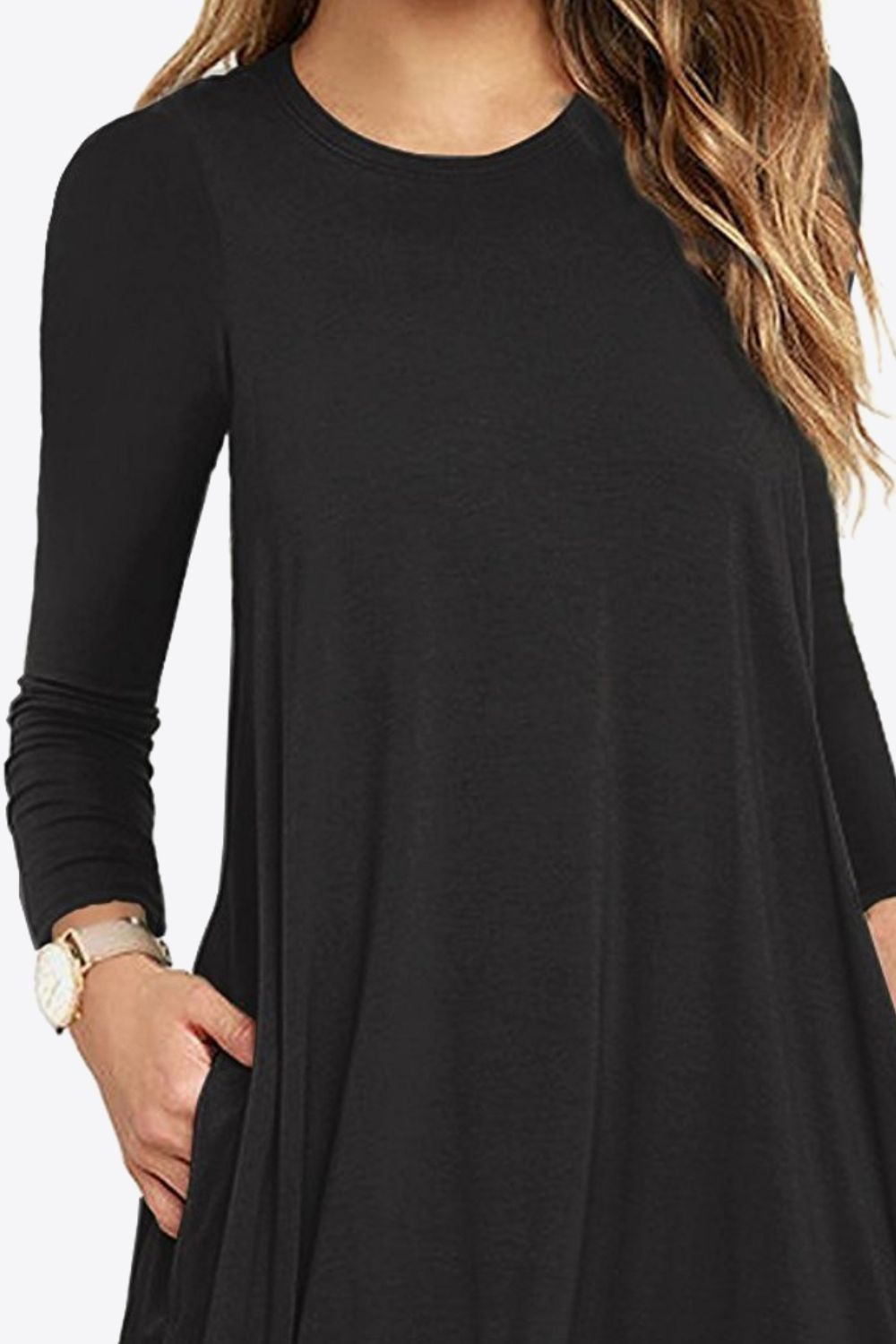 Women's Full Size Agnetha Long-Sleeve Round Neck Dress with Pockets