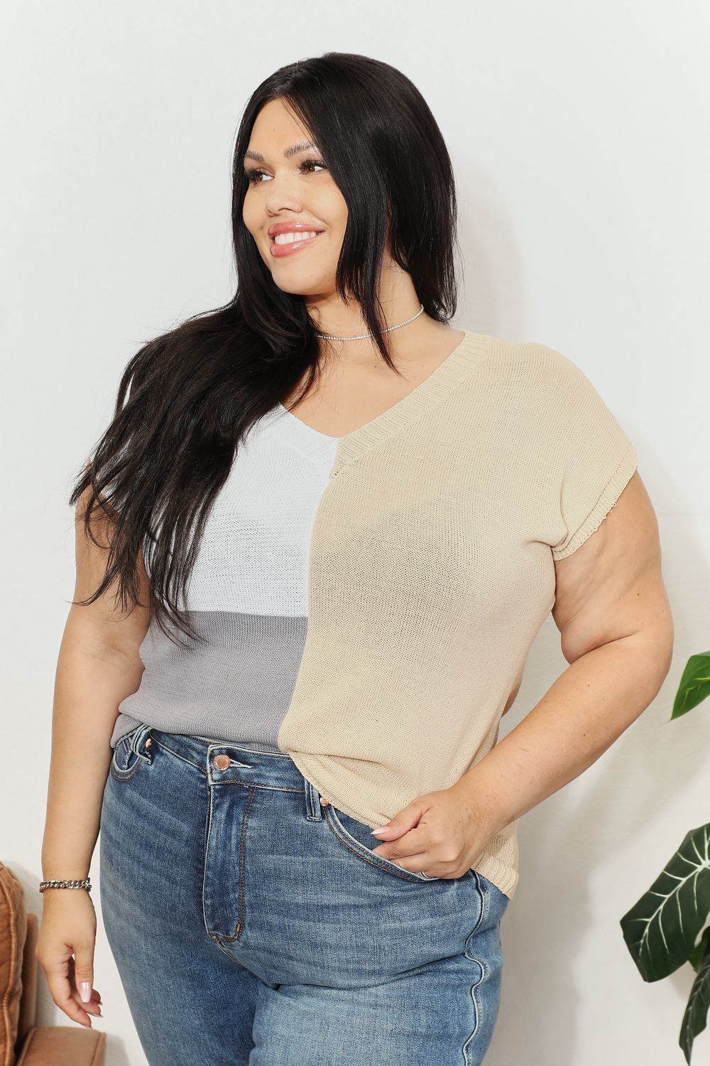 Double Take Color Block V-Neck Knit Top *