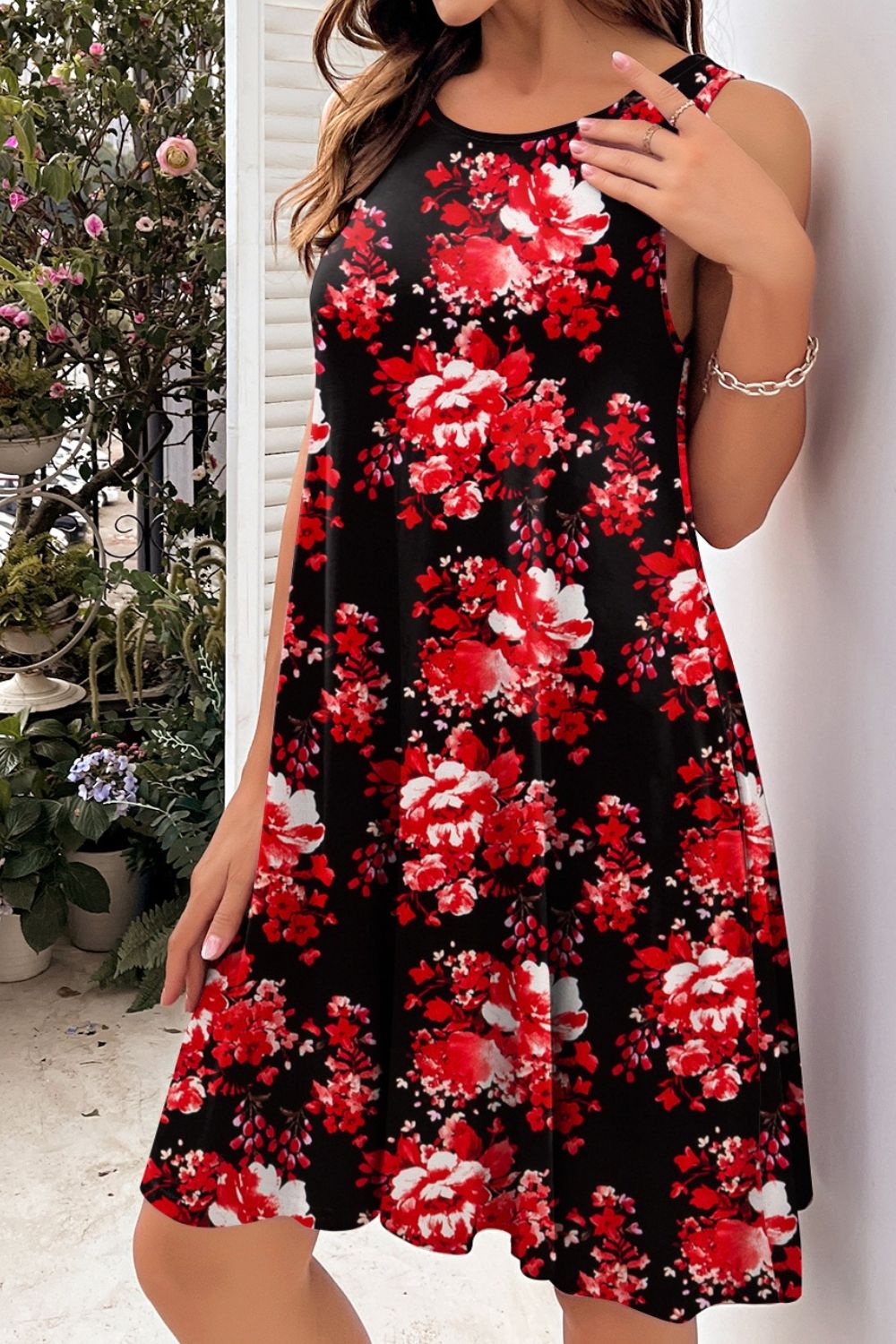 Full Size Printed Round Neck Sleeveless Dress