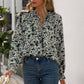 Printed Tie Neck Frill Trim Flounce Sleeve Blouse