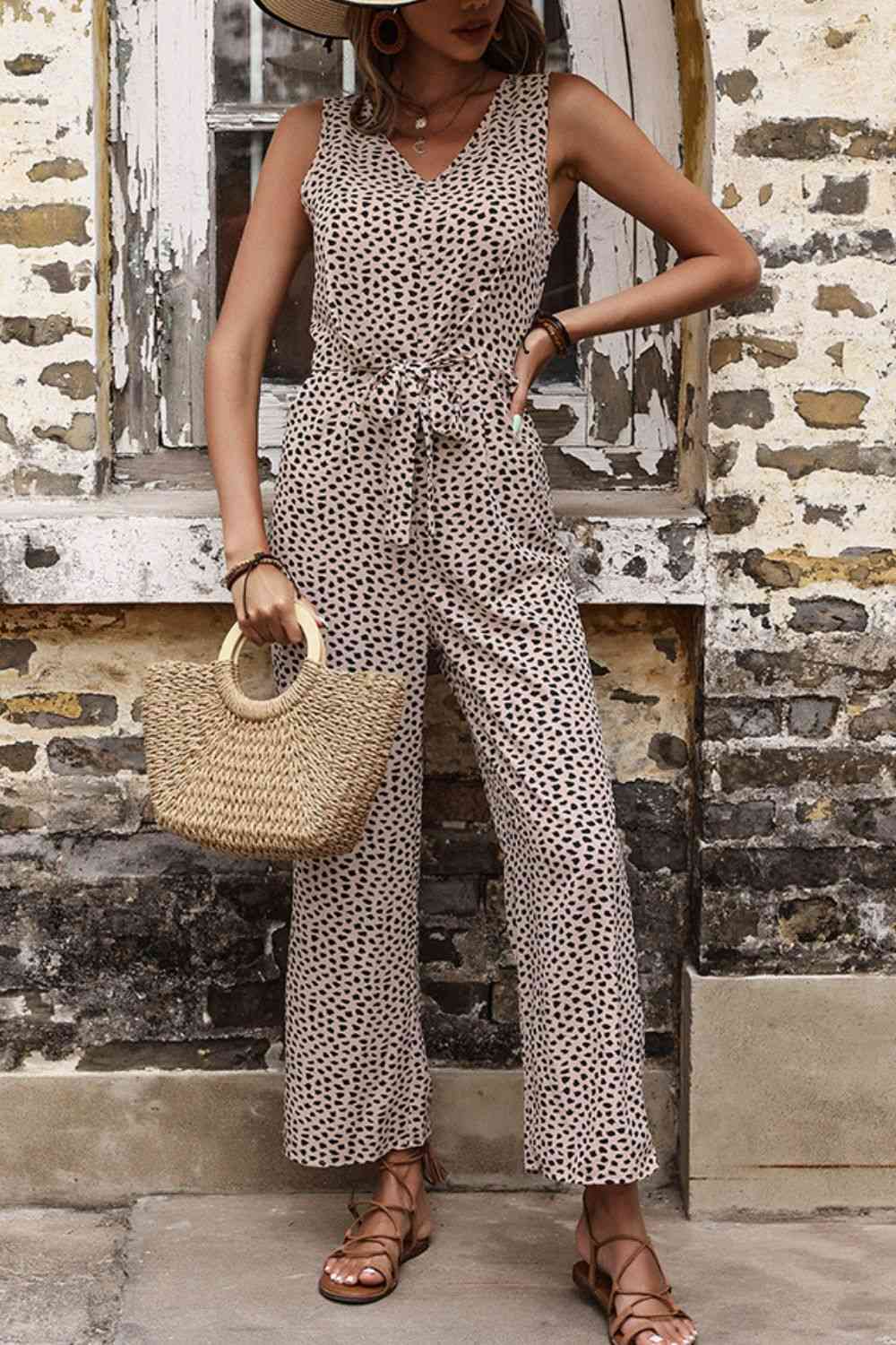 Khaki Printed Tie Front Sleeveless Jumpsuit