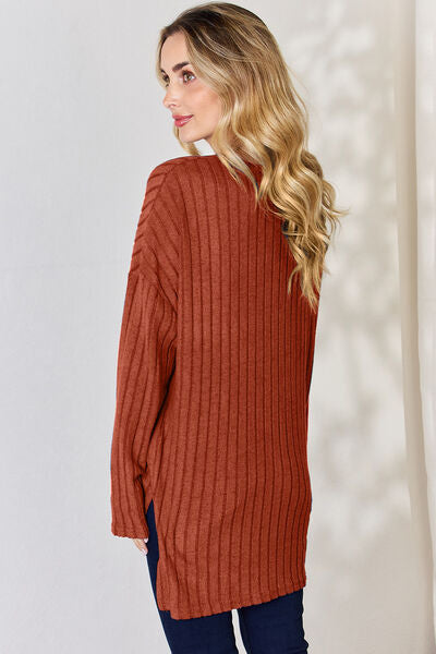 Basic Bae Full Size Ribbed Half Button Long Sleeve High-Low T-Shirt *