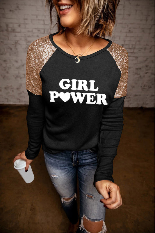 Women's Full Size GIRL POWER Sequin Long Raglan Sleeve Tee