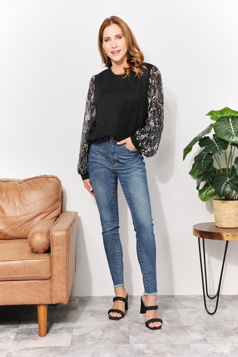 And The Why Black Full Size Foil Printed Sleeve Top *
