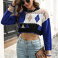 Jaylynn Navy Blue Geometric Round Neck Cropped Sweater