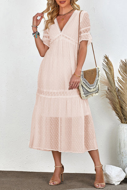 Women's Full Size Swiss Dot V-Neck Short Sleeve Midi Dress
