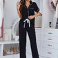 Women's Contrast Piping Lapel Collar Short Sleeve Top and Pants Pajama Set