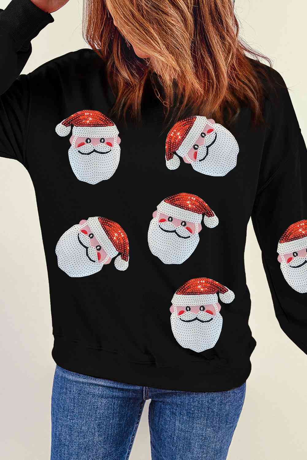 Christmas Themed Sequin Santa Patch Round Neck Sweatshirt