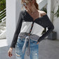 Twisted Waffle-knit Color Block Buttoned Blouse