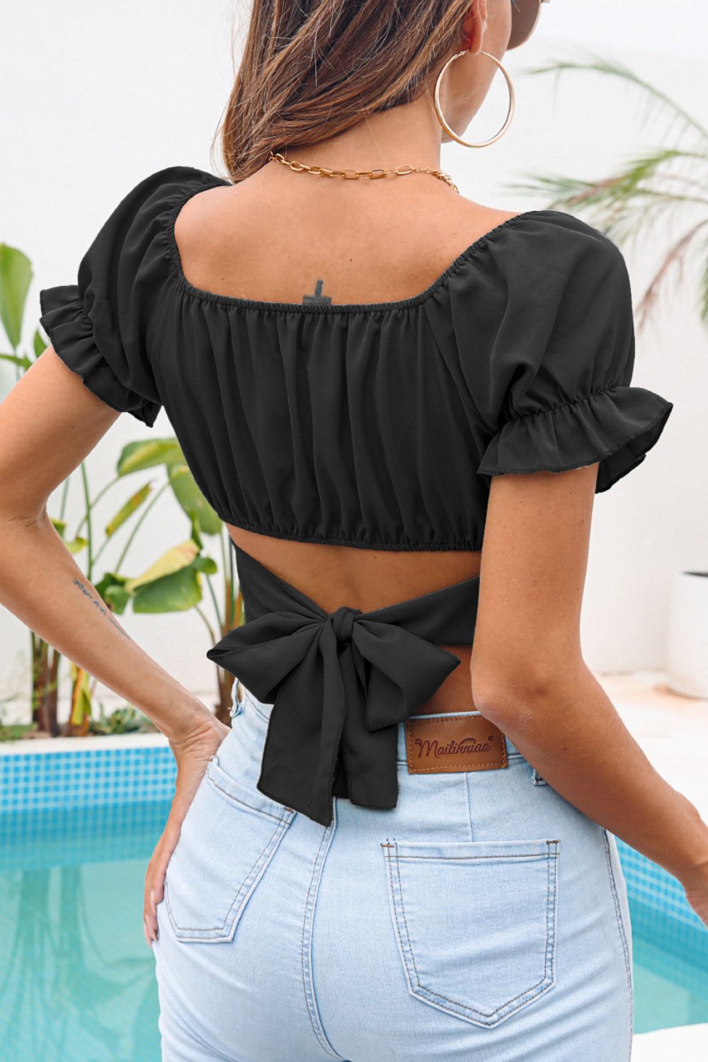 Ruched Square Neck Tie Back Cropped Top 🦋