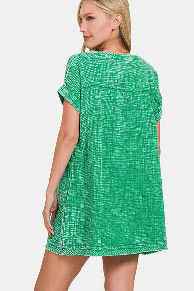 Zenana Washed Notched Short Sleeve Mini Dress *