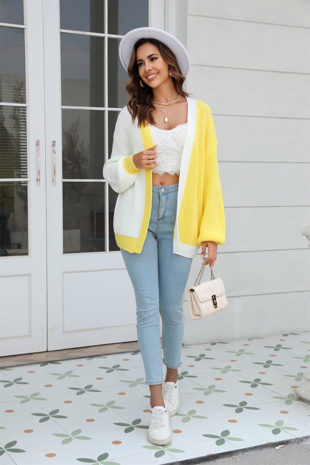 Sophia & Grace Open Front Contrast Color Balloon Sleeve Cardigan