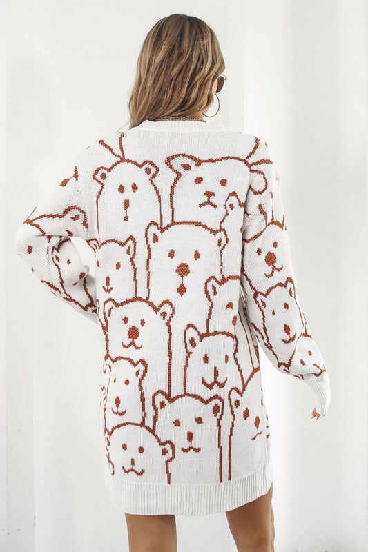 Athena Rea Bear Pattern Round Neck Sweater Dress