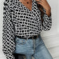 Geometric V-Neck Black Long Sleeve Blouse