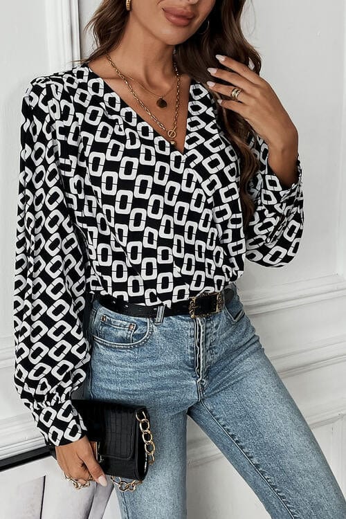 Geometric V-Neck Black Long Sleeve Blouse