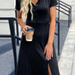 Casual Buttoned Short Sleeve Slit Midi Dress in Solid Black