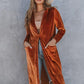 Caramel Brown Collared Neck Longline Velvet Cardigan with Pockets