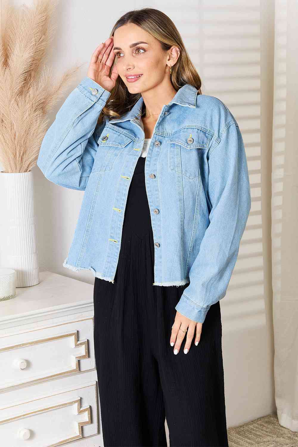 Double Take Dropped Shoulder Raw Hem Denim Jacket *