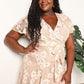 Double Take Sand Brown Floral Lace Pompom Detail Tie-Waist Flutter Sleeve Dress