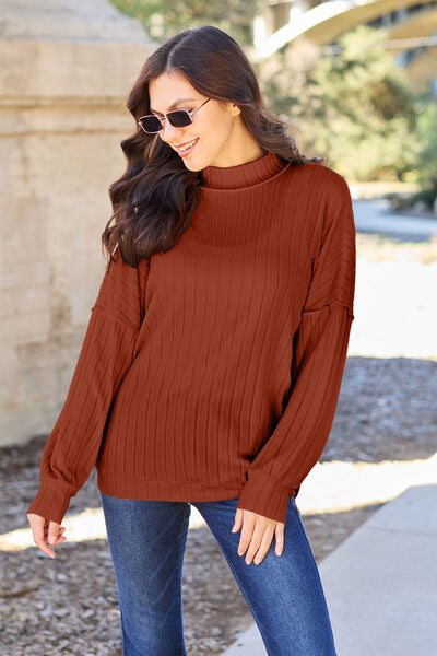 Basic Bae Full Size Ribbed Exposed Seam Mock Neck Knit Top *