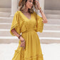 Tassel Trim Smocked V-Neck Short Sleeve Dress