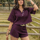 Eyelet Collared Neck Short Sleeve Top and Shorts Set