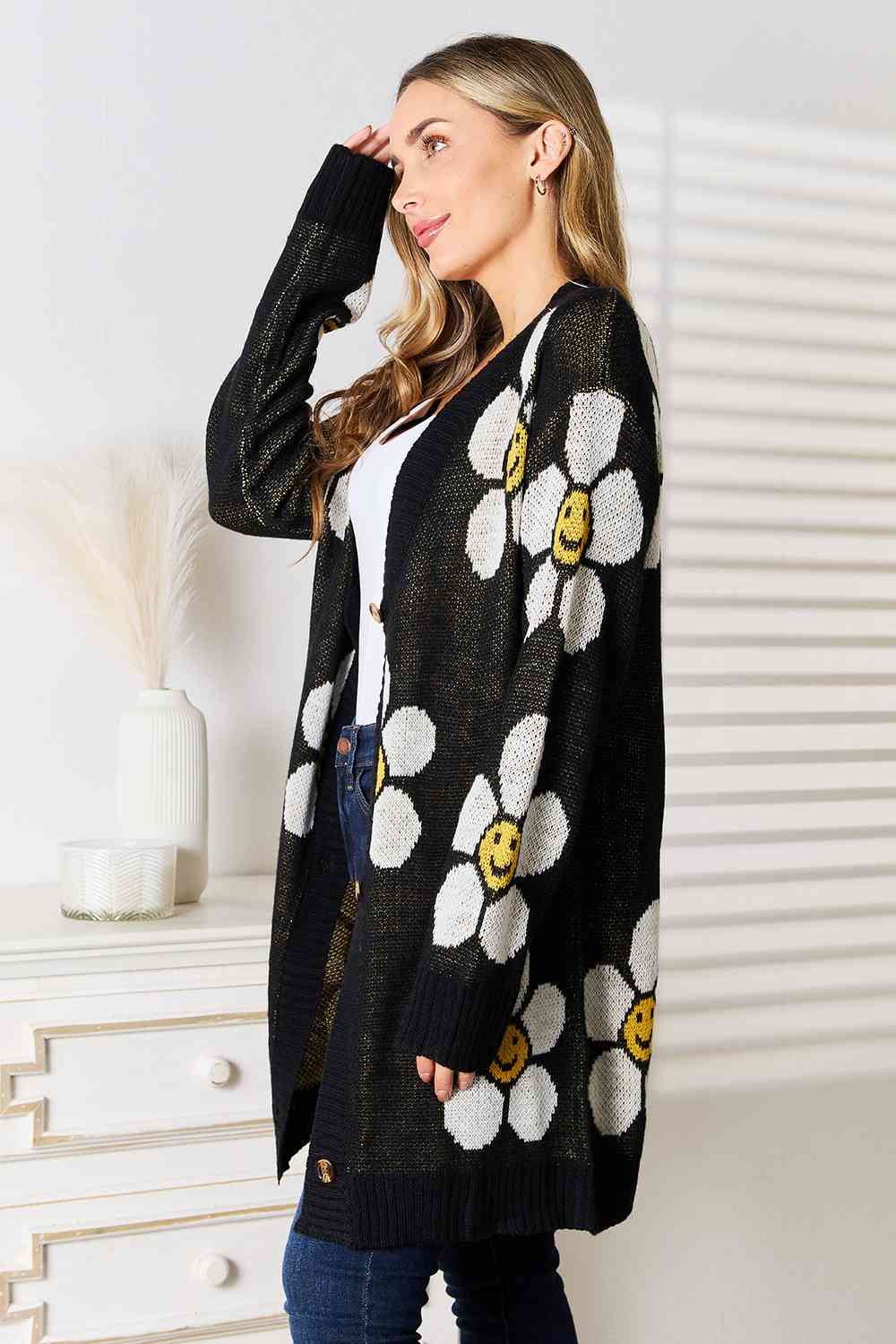 Double Take Floral Button Down Longline Cardigan *