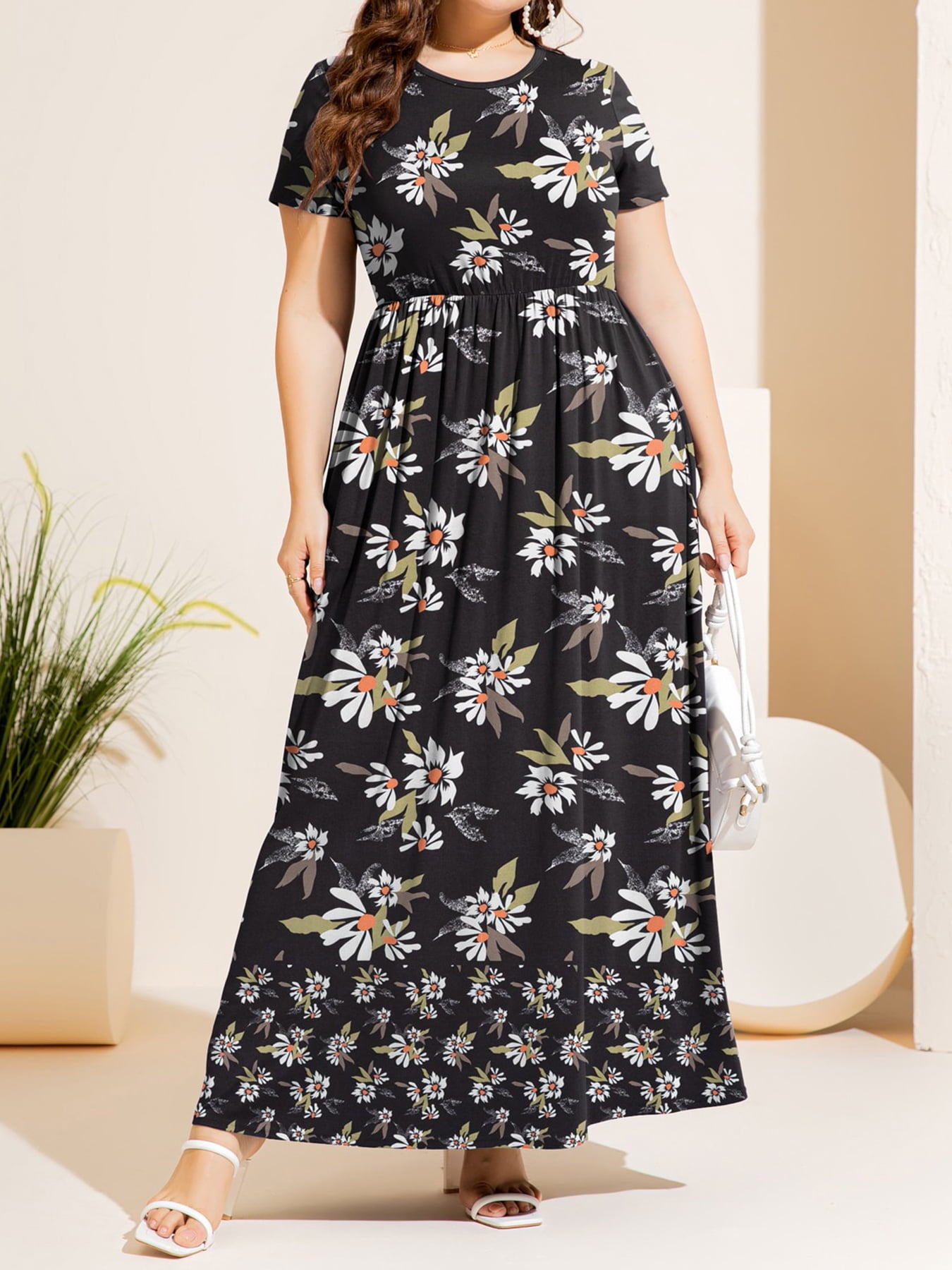 Arlowe Lea Plus Size Printed Round Neck Short Sleeve Maxi Dress