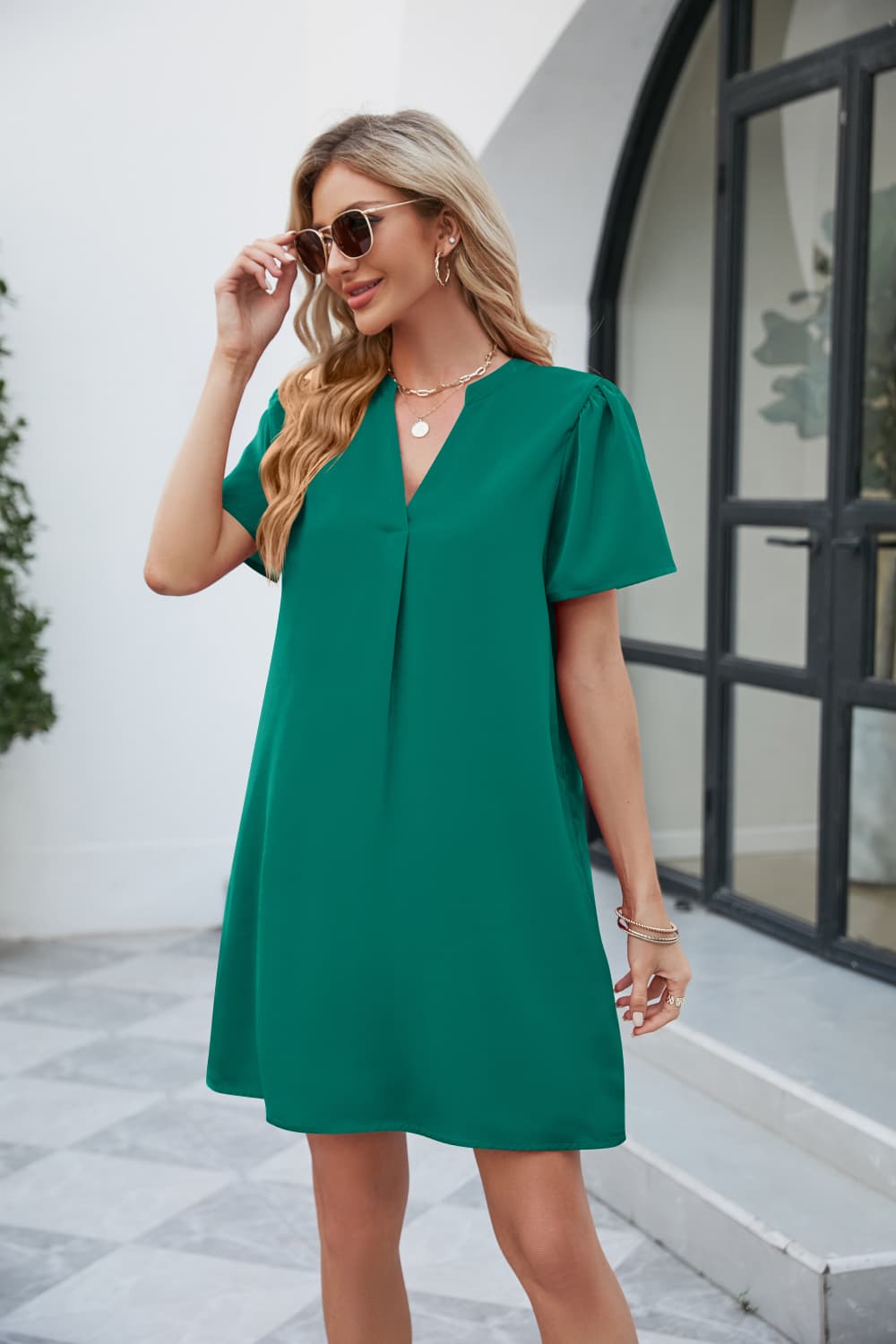 Full Size Notched Puff Sleeve Shift Dress