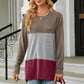 Full Size Color Block Round Neck Long Sleeve Slit T-Shirt