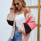 Color Block Button Up Lantern Sleeve Cardigan