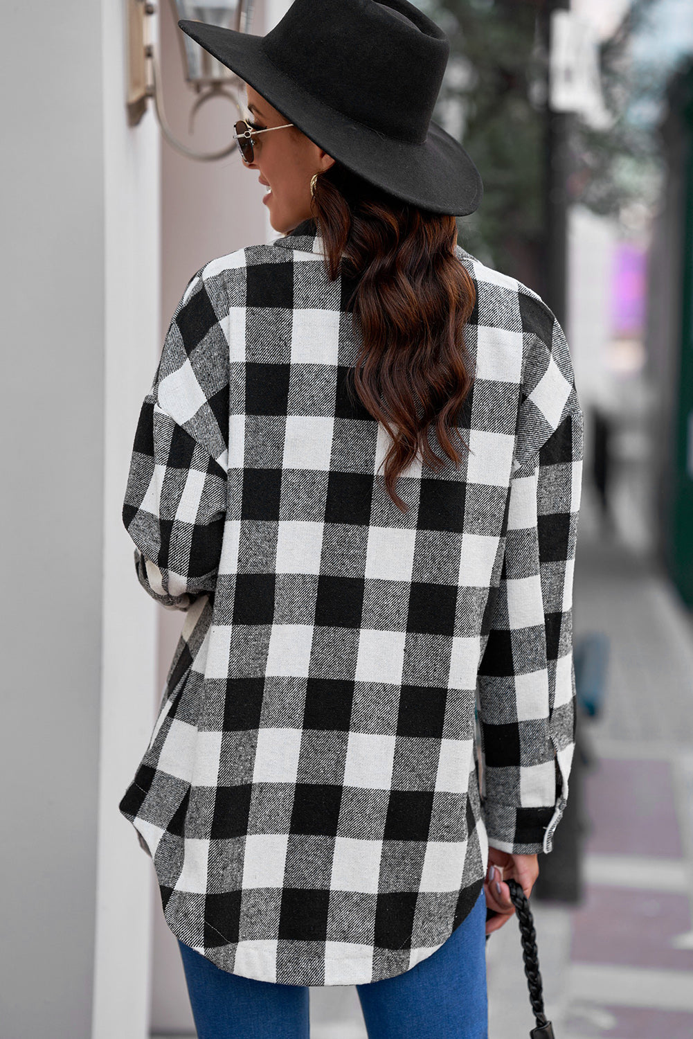 Aaarti&Destiny Full Size Plaid Curved Hem Dropped Shoulder Longline Shirt Jacket